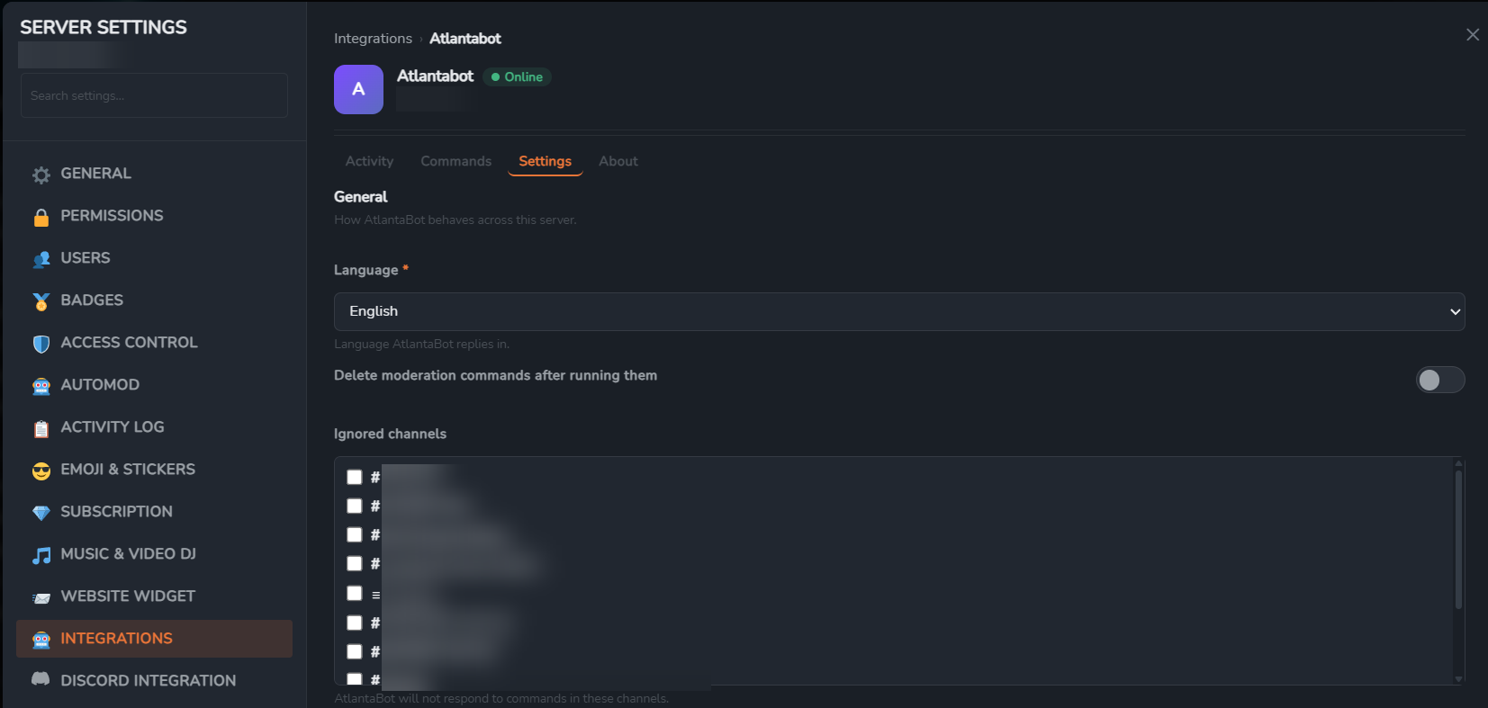 The GameVox client's Server Settings window, showing an installed app's Settings tab with a language dropdown, a toggle and a channel checklist.